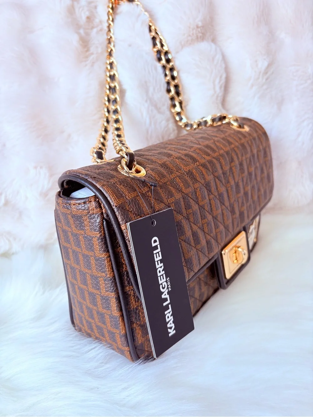 🩷🩷Karl Lagerfeld Brown Checker Quilted Shoulder Bag with Gold Chain🩷🩷